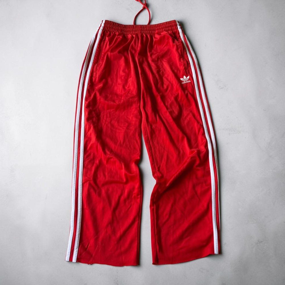 Adidas Originals Mens Red Wide Leg 3-Stripe Track Pants Medium Distressed Hem